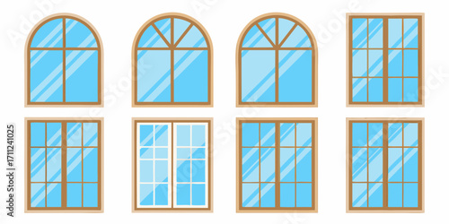 Collection of various window designs including arched and rectangular shapes with wooden frames and blue glass panes