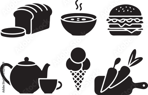Delicious food icons: bread, soup, burger, tea, ice cream, carrots
