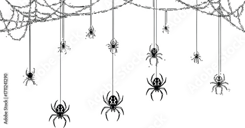 Spooky Halloween spiders dangling from intricate webs create a chilling and festive scene perfect for seasonal decor