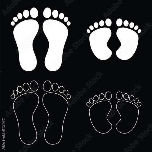 The silhouette of footprints. footsteps icon or sign for print.  Human footprint icon. Baby footprint. Silhouette of footprints. Vector illustration.
