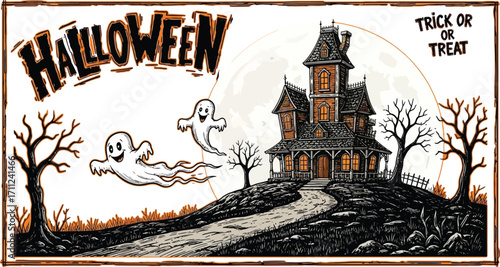 Spooky haunted mansion with ghosts and full moon creates perfect Halloween night atmosphere