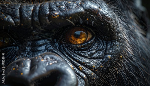 GeA macro ultra hyper realistic close-up of a gorilla's skin, showing its dark, leathery texture and expressive wrinkles.