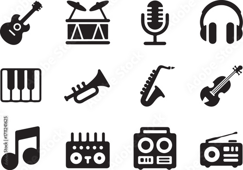 Diverse musical instruments and audio gear icons collection