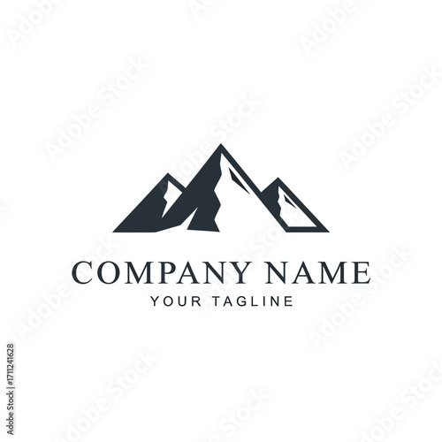 Simple mountain range logo design with brand name and tagline.