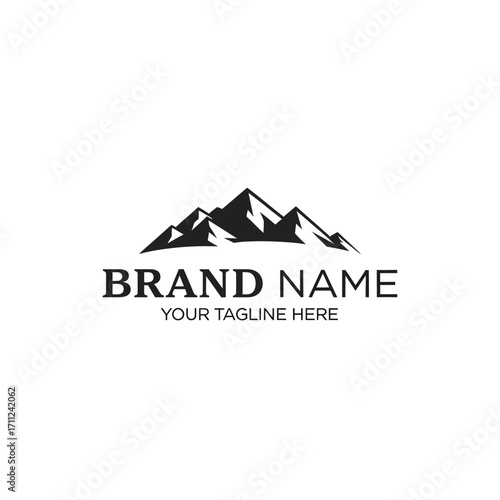 Simple mountain range logo design with brand name and tagline.