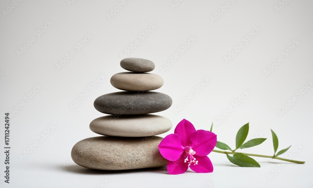 Obraz premium Serene stacked stones and vibrant orchid create peaceful balance for wellness and spa promotion
