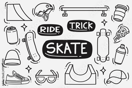 set of skate doodle good for background, wallpaper, element design, icon, etc