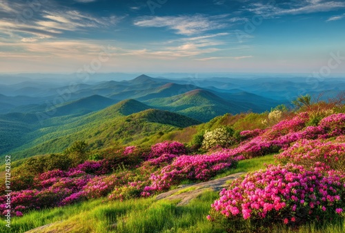 Rolling green mountains fade into a hazy distance beneath a blue sky. Foreground shows vibrant pink flowers blooming on a sunny hillside