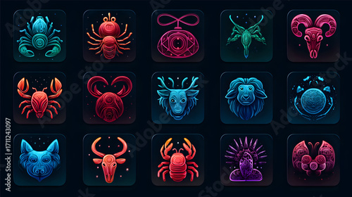 Vibrant collection of glowing neon zodiac sign icons for astrology.