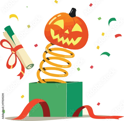 Surprise Halloween treat pops out of gift box with graduation scroll and confetti