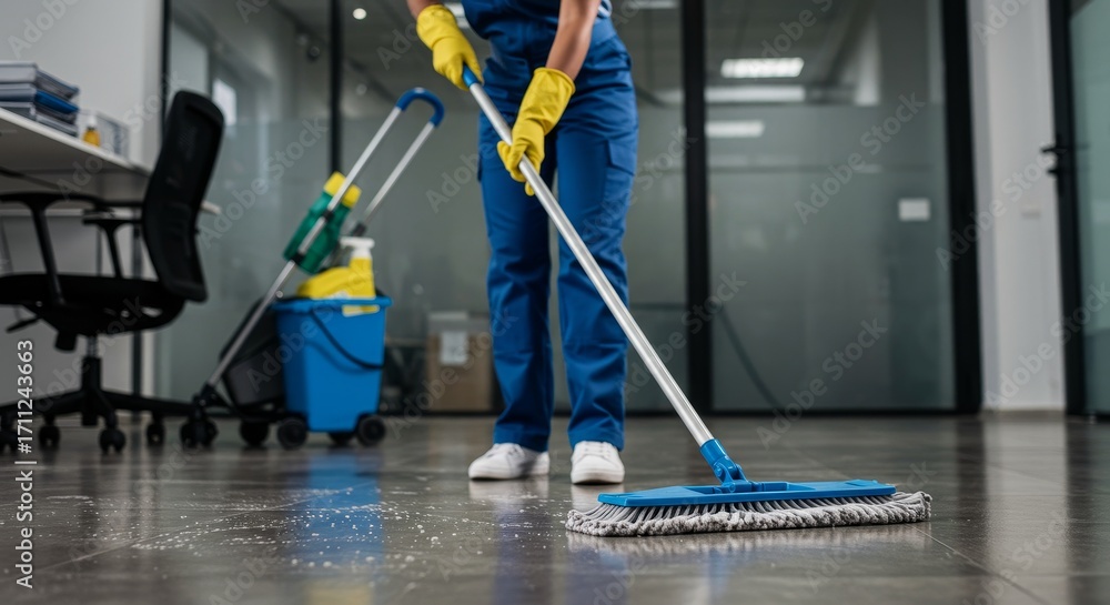 Fototapeta premium Professional cleaner diligently mopping office floors with cleaning equipment