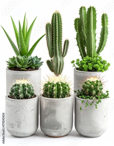 Six potted cacti & succulent arrangements in grey concrete-like planters, diverse shapes, textures, spines against clean white background