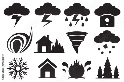 Collection of black and white weather icons featuring rain, wind, trees, houses, and natural disasters