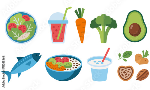 Healthy eating choices for vibrant living featuring fresh salad, smoothie, and protein sources