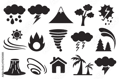 Collection of black and white weather icons featuring rain, wind, trees, mountains, and natural disasters