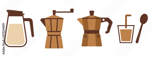 Inviting coffee brewing set featuring mocha pot, glass pitcher, latte and spoon for cafe designs