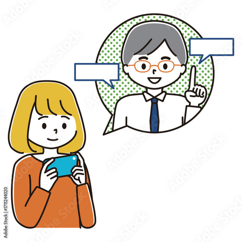 スマホで解説動画を見る女性のイラスト