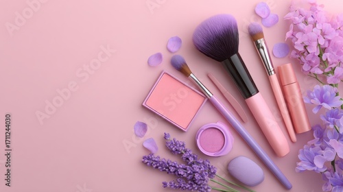 Overhead shot of makeup brushes, eyeshadow, and lavender flowers on a pink background