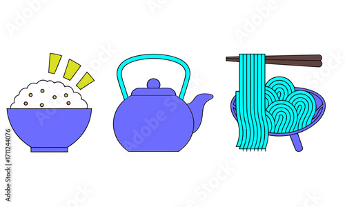 Enjoy a flavorful Asian meal: Rice, tea, and vibrant noodles offer a delicious dining experience