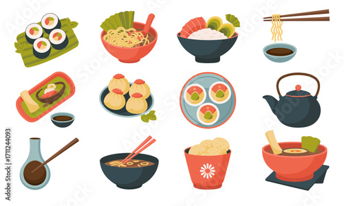 Delicious Asian cuisine spread featuring sushi, ramen, dumplings and tea for vibrant food experiences