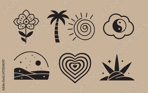 Collection of hand drawn boho style icons and symbols on a tan background