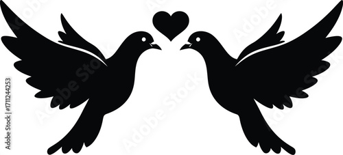 Two elegant black doves soaring towards each other with a heart shape above