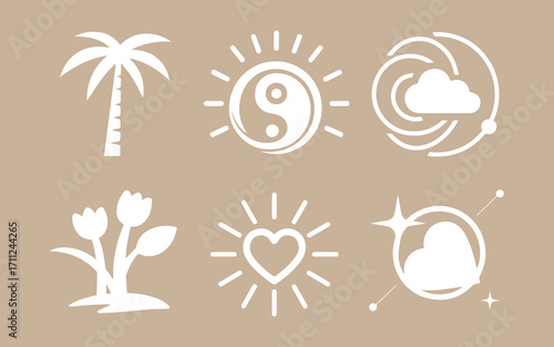 Collection of hand drawn boho style icons on beige background