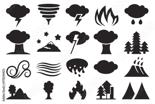 Set of natural disaster icons, including lightning, tornado, fire, rain, wind, and volcano symbols in black silhouette