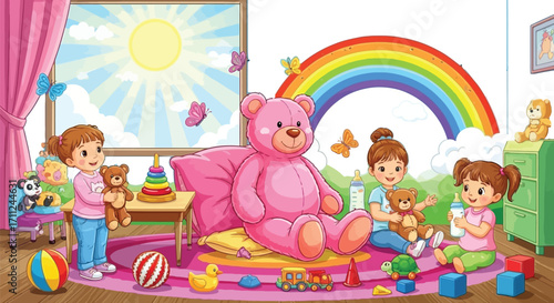 Joyful children play with teddy bears and toys in a bright, sunny playroom with a rainbow