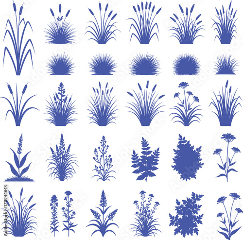 Blue Silhouette Set of Grass, Reeds, and Plants, Vector Nature Elements, Landscape Design, Botanical Icons, Garden Decor, Wild Vegetation, Outdoor Flora, Natural Backgrounds