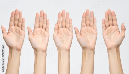 Five open palms, arranged in a row against a white background, showing intricate details of skin texture, lines, and subtle coloration