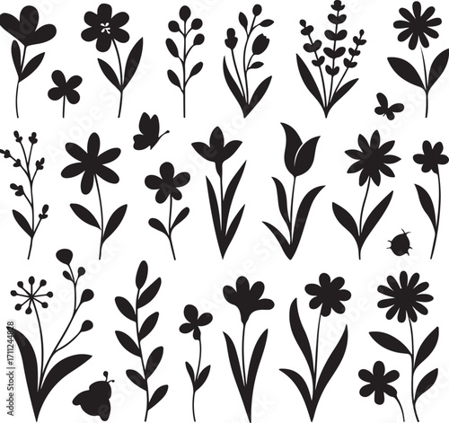 Floral Silhouette Collection: A detailed array of floral silhouettes featuring various plant species and elegant designs, ideal for adding a touch of nature's beauty. 