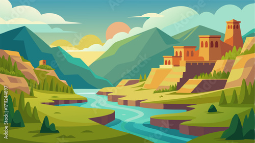 A tranquil river valley featuring remnants of a onceflourishing ancient village now an important archeological site preserving the regions cultural roots.