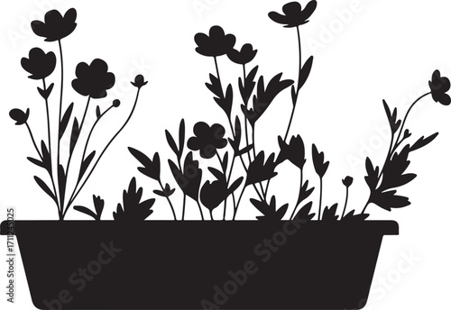 Flower Silhouette in a Planter: A minimalist silhouette of blooming flowers and lush leaves cascading out of a rectangular planter creates a serene and graphic image.