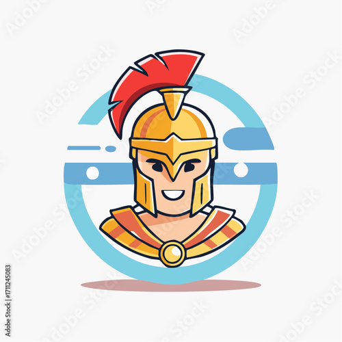 Vibrant illustration of a cheerful ancient Spartan warrior character wearing a golden helmet with a striking red crest, embodying strength and historical courage