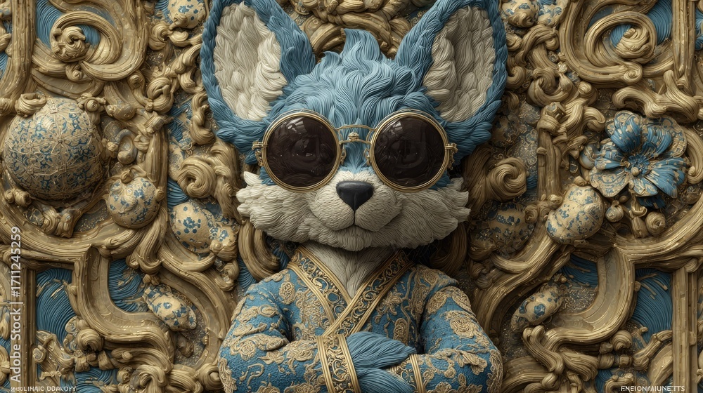 Obraz premium Detailed illustration of a stylized fox character in an ornate setting.