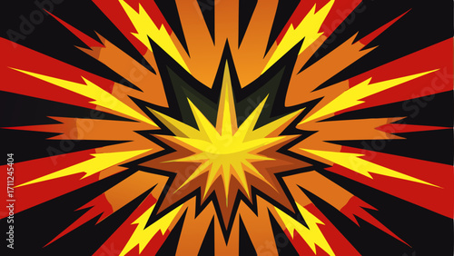 Intense comic book explosion burst in vibrant red, orange, and yellow on a dark background. A powerful, dynamic element for conveying impact, shock, energy, action, sound, and sudden power.