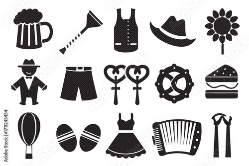 Set of oktoberfest icons, featuring beer, accordion, hat, pretzel, sausage, and traditional german symbols in black silhouette