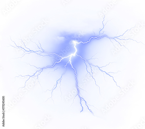 Electric Blue Lightning Bolt with Branching Tendrils Against a Transparent Background. PNG.