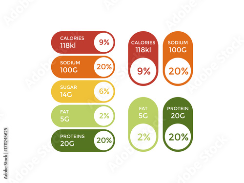 Vector label designs displaying nutrition facts and ingredient information in clean layout, isolated on transparent background for packaging or dietary product design use