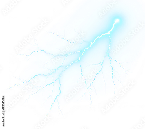 Electric Blue Lightning Bolt with Branching Tendrils and Glowing Aura. Transparent Background
