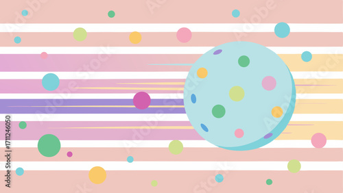 Whimsical, colorful abstract background featuring a polka-dot sphere zooming across pastel rainbow speed lines and confetti dots. Fun, cheerful, and dynamic design for children, party, or sweet themes