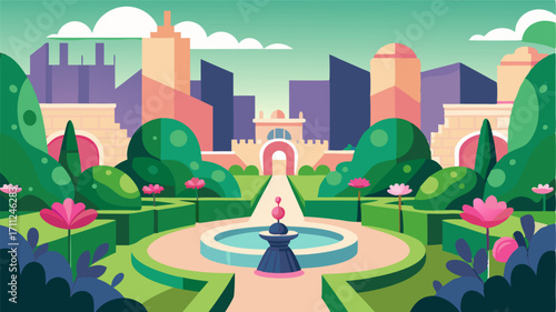 A secret hidden garden nestled between towering buildings with winding paths babbling fountains and blooming flower beds.