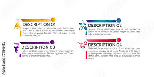 Medical infographics timeline with four detailed steps and colorful options for workflow diagram, information chart or web design concept. Flat healthcare process layout template