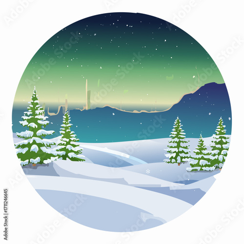 Illustration of a snowy landscape with pine trees under the aurora borealis in a circular frame.