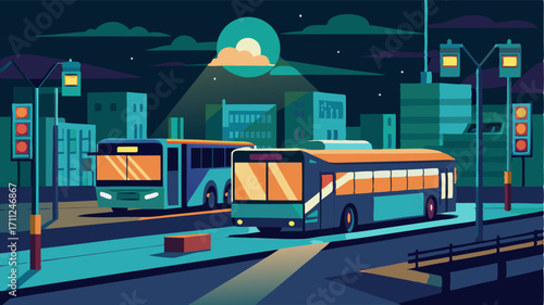 As the day turns to night the citys bus terminal continues to buzz with activity lit up by the glow of streetlights and the headlights of buses.