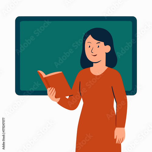 A vector illustration of a friendly female teacher standing in front of a chalkboard, holding a book, with a solid color design and white background
