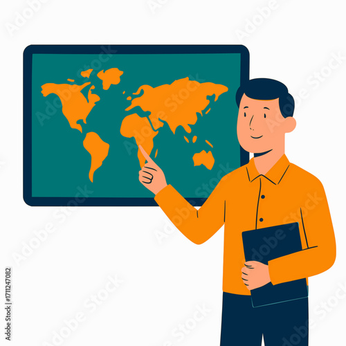 A vector illustration of a male teacher pointing at a world map, with solid colors and a white background