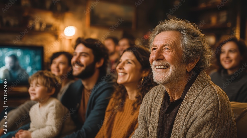 Fototapeta premium Joyful Family Gathering Watching Movie Together Smiling Faces