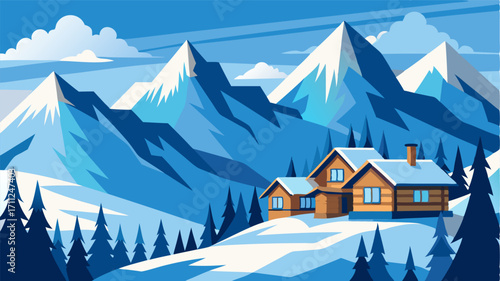 Cold crisp air fills the mountain chalets surroundings the snowcovered peaks providing a picturesque backdrop.